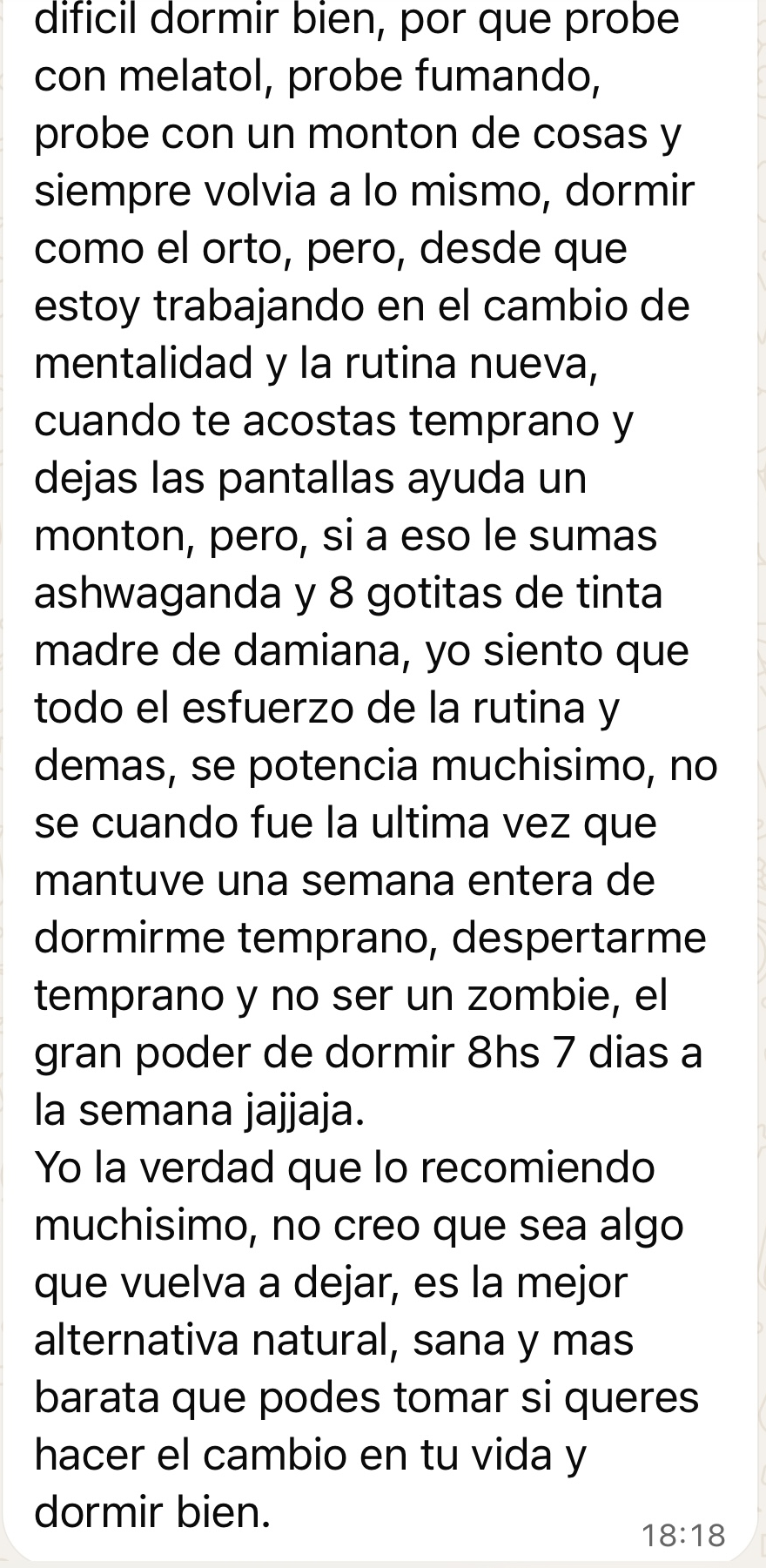 Captura del mensaje de Esteban sobre su sueño, su rutina y su recomendación del programa
