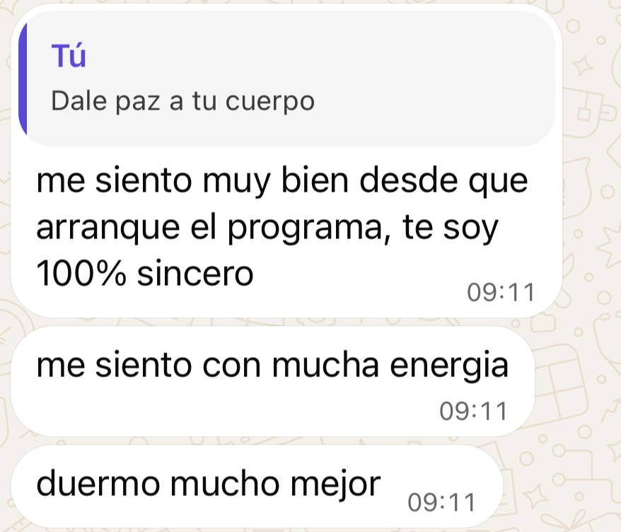 Captura de mensajes de Nicolás: se siente muy bien, con mucha energía y duerme mucho mejor